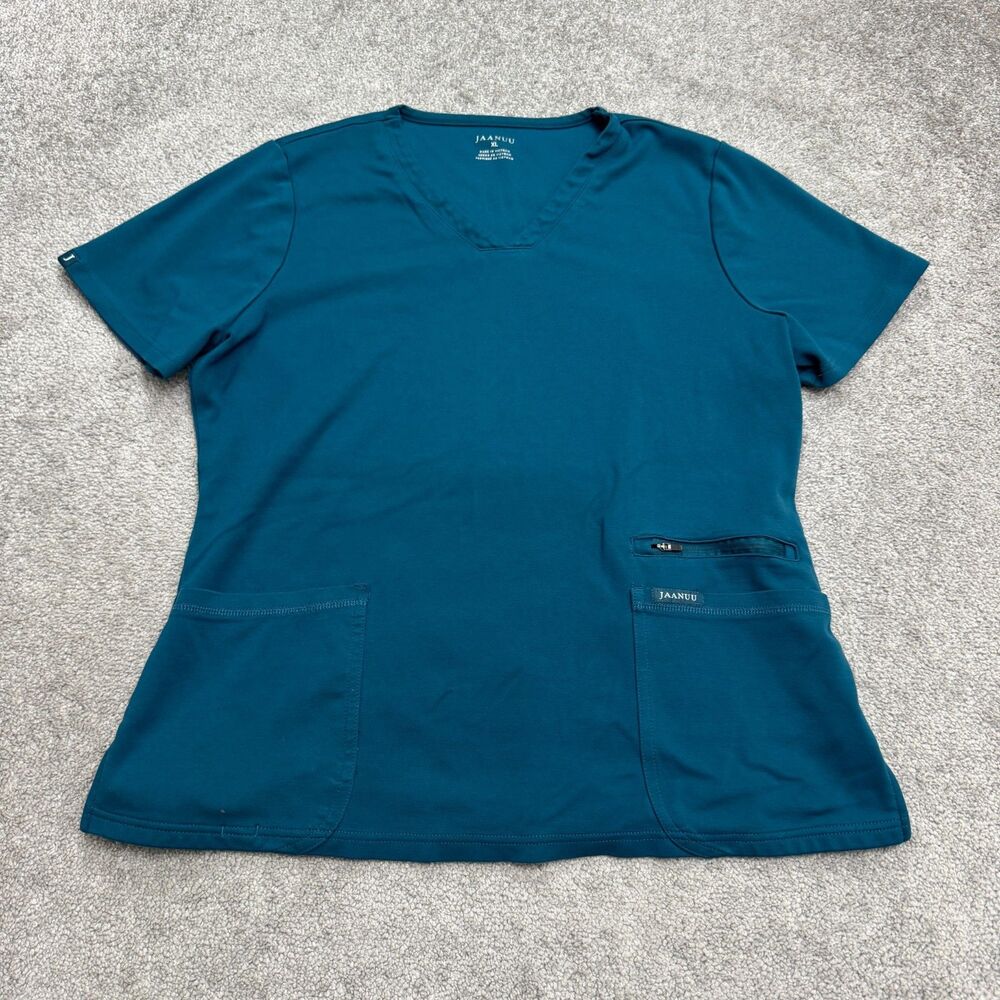 Jaanuu Scrub Top Womens XL Teal Blue Gold Zip V-Neck Medical Uniform Workwear